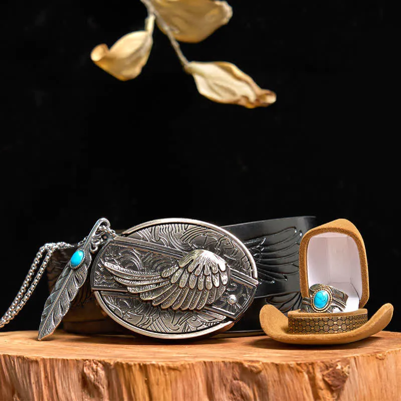 Angle Wing DIY Hidden Knife Belt Buckle Turquoise Feather Necklace Ring Bundle Set sold by FloralTrip