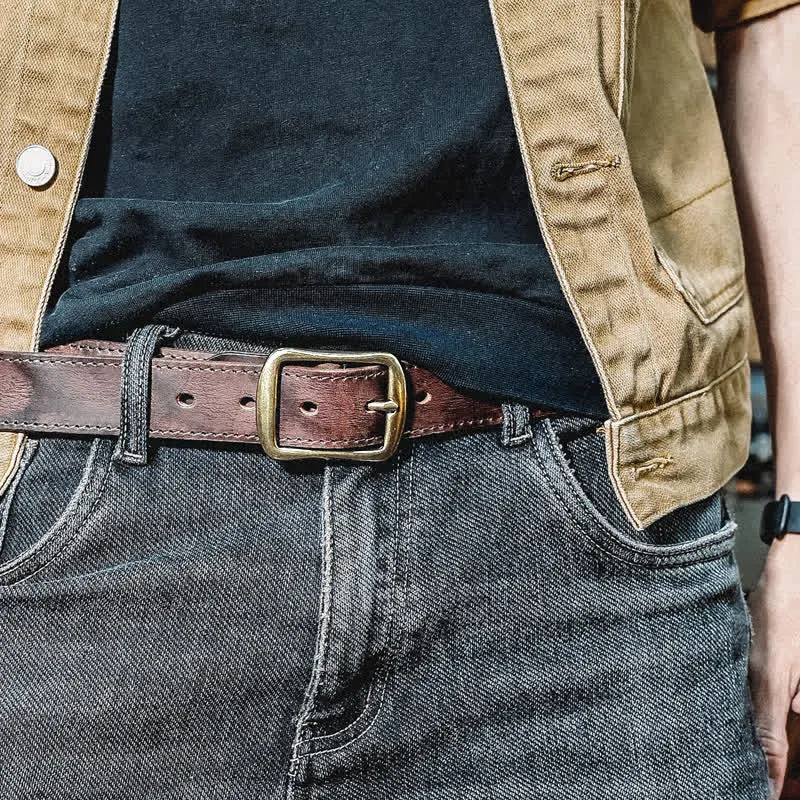 Retro Distressed Brass Buckle Hand-Made Stitching Leather Belt sold by FloralTrip product image thumbnail 4