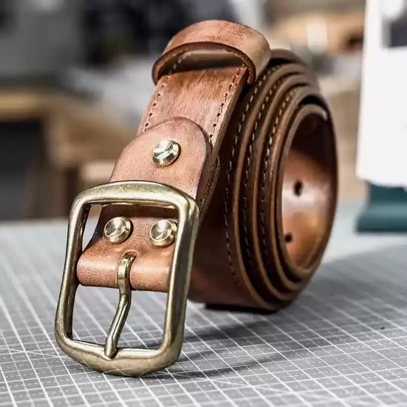 Retro Distressed Brass Buckle Hand-Made Stitching Leather Belt sold by FloralTrip