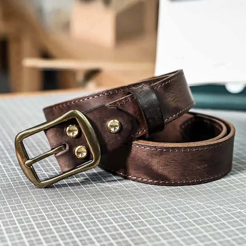 Retro Distressed Brass Buckle Hand-Made Stitching Leather Belt sold by FloralTrip product image thumbnail 5