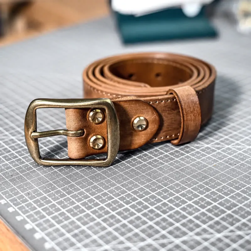 Retro Distressed Brass Buckle Hand-Made Stitching Leather Belt sold by FloralTrip product image thumbnail 2