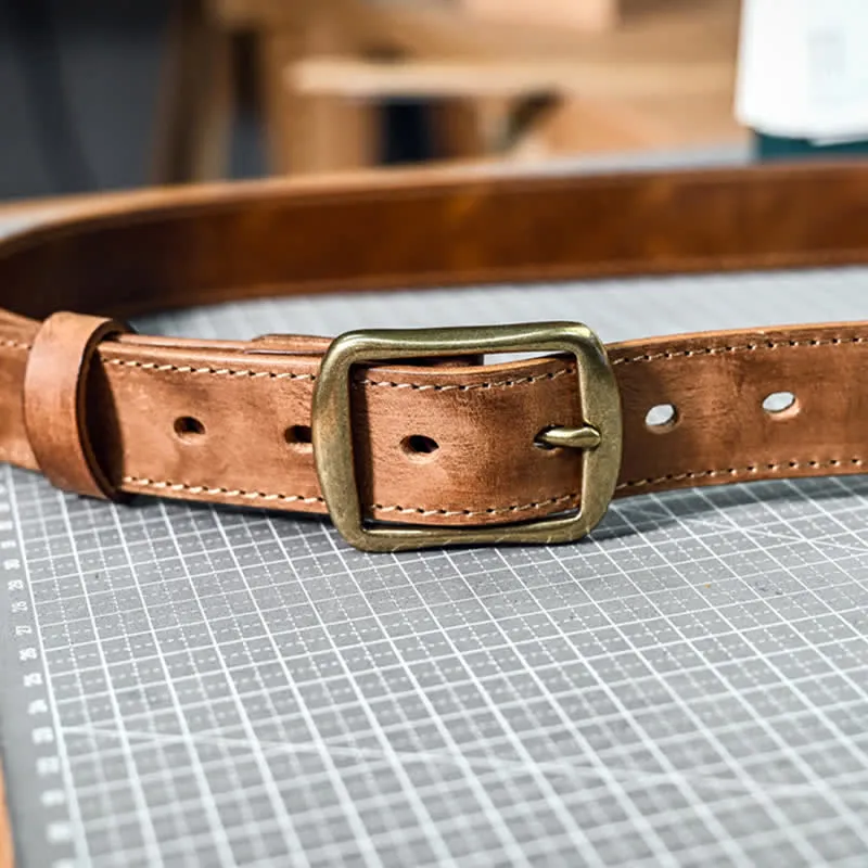 Retro Distressed Brass Buckle Hand-Made Stitching Leather Belt sold by FloralTrip product image thumbnail 3