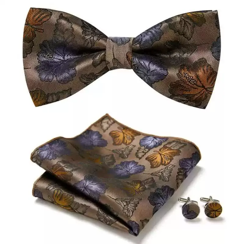 3Pcs Men's Falling Maple Leaves Pocket Square Cufflinks Bow Tie Set sold by FloralTrip