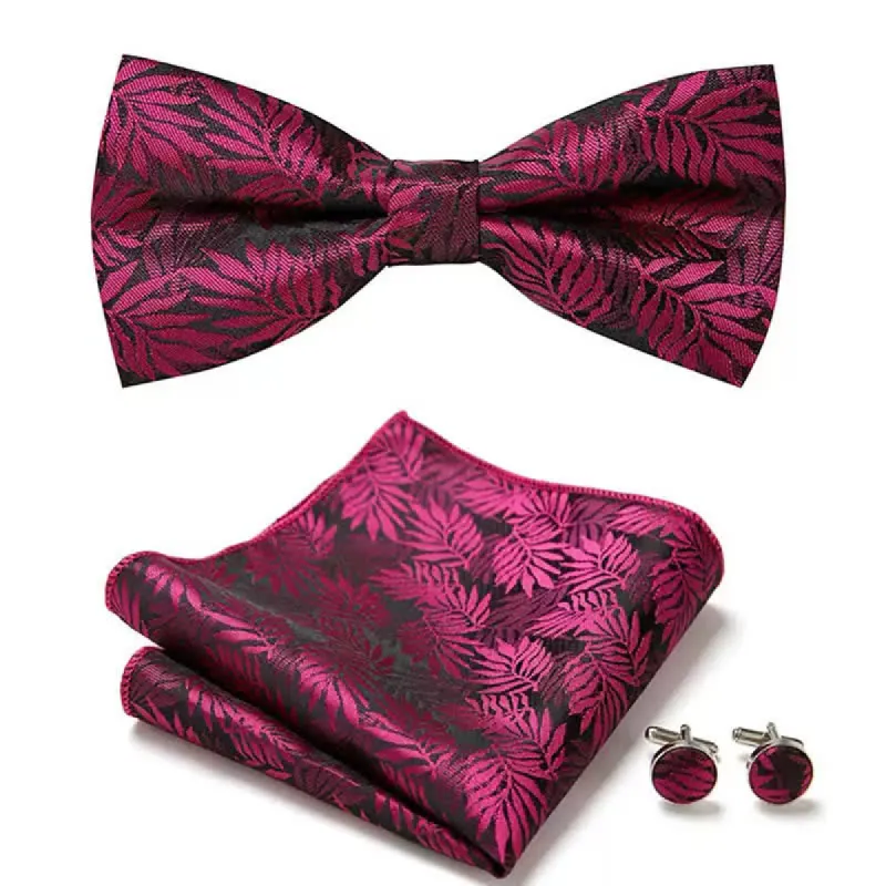 3Pcs Men's Fuchsia Leaves Pocket Square Cufflinks Bow Tie Set sold by FloralTrip