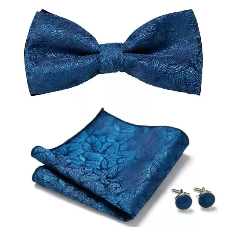 3Pcs Men's Blue Palm Leaves Pocket Square Cufflinks Bow Tie Set sold by FloralTrip