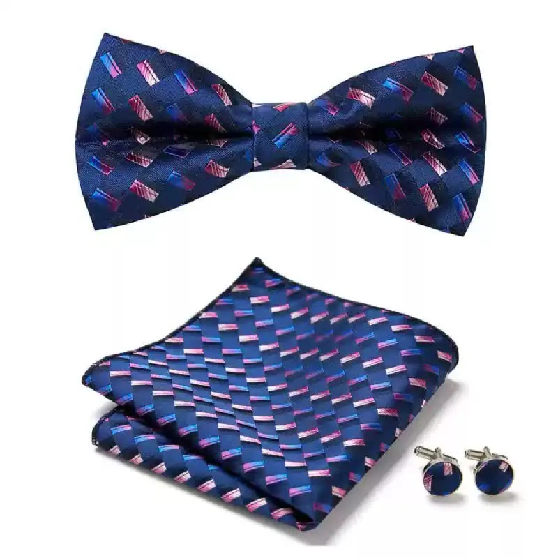 3Pcs Men's Navy Weave Pattern Pocket Square Cufflinks Bow Tie Set made by FloralTrip