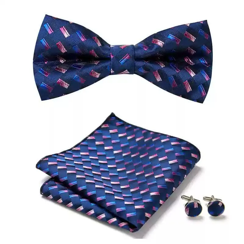 3Pcs Men's Navy Weave Pattern Pocket Square Cufflinks Bow Tie Set sold by FloralTrip