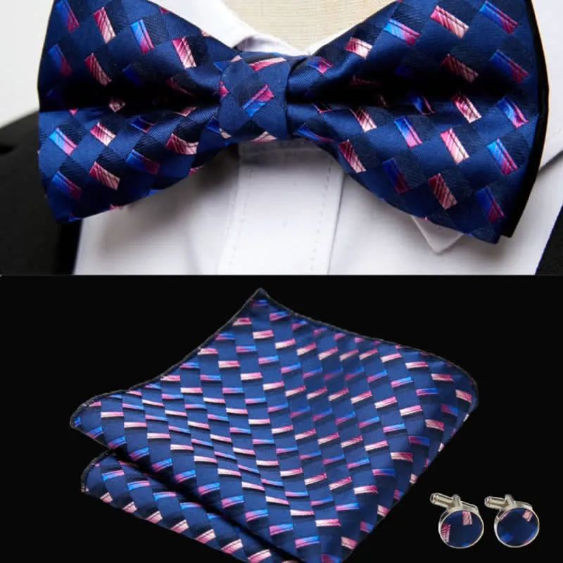 3Pcs Men's Navy Weave Pattern Pocket Square Cufflinks Bow Tie Set sold by FloralTrip product image thumbnail 2