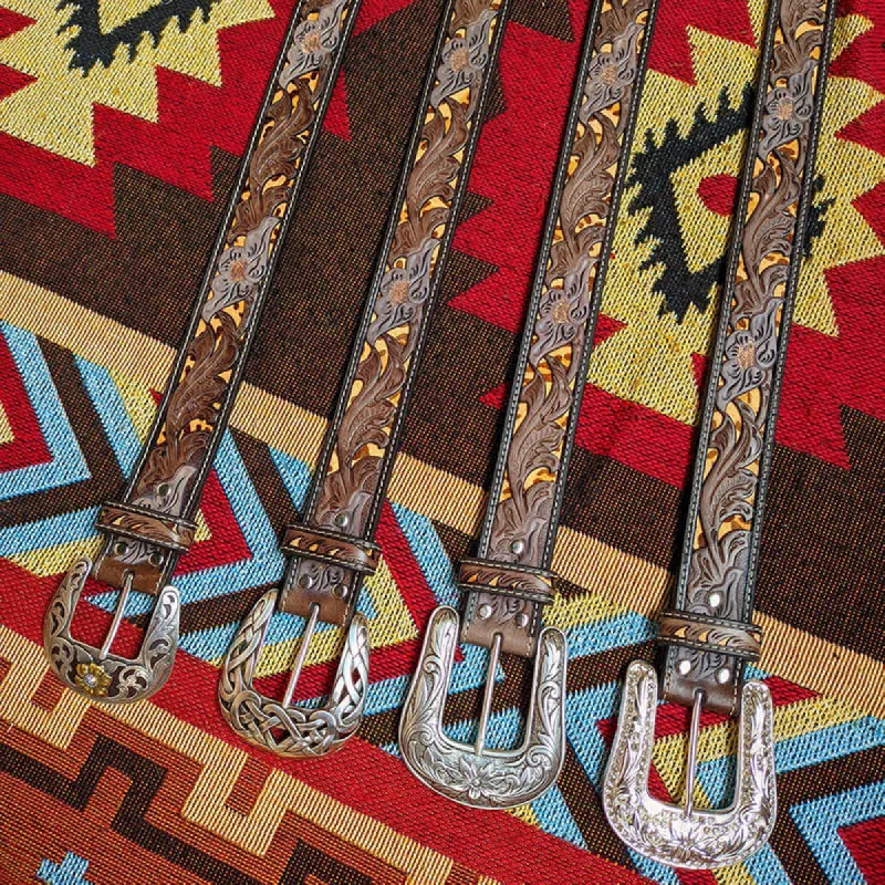 Western Brown & Yellow Carved Flower Buckle Leather Belt sold by FloralTrip