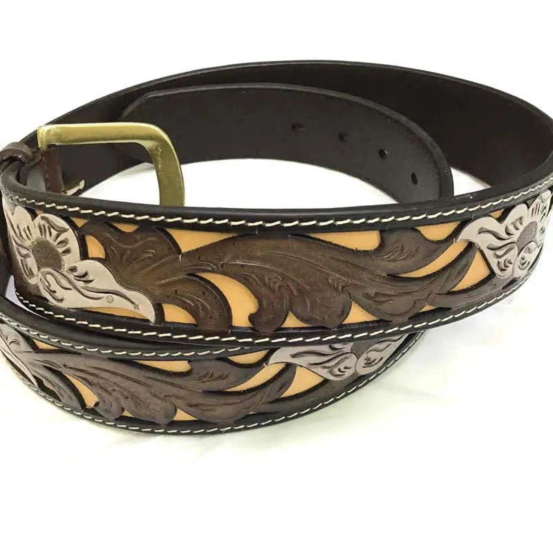 Coffee & White Flower Western Style Carved Leather Belt sold by FloralTrip product image thumbnail 3