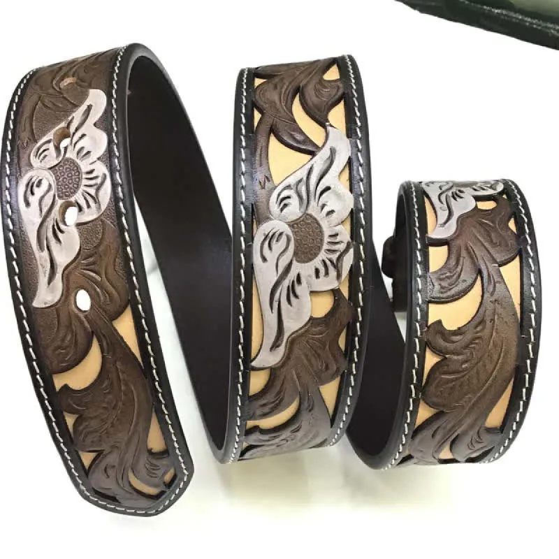 Coffee & White Flower Western Style Carved Leather Belt sold by FloralTrip