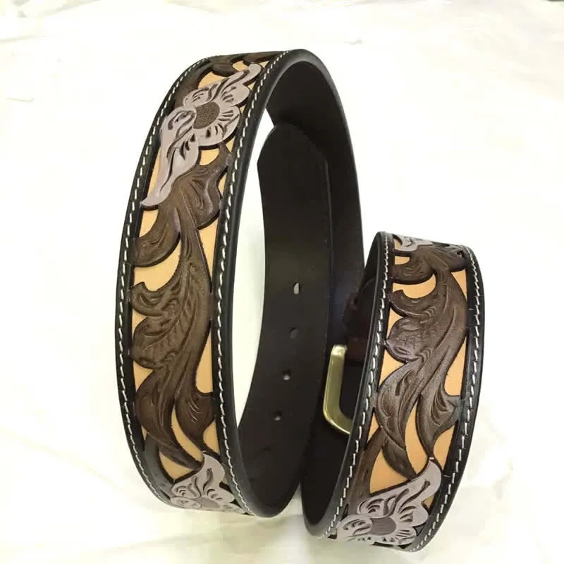 Coffee & White Flower Western Style Carved Leather Belt sold by FloralTrip product image thumbnail 5