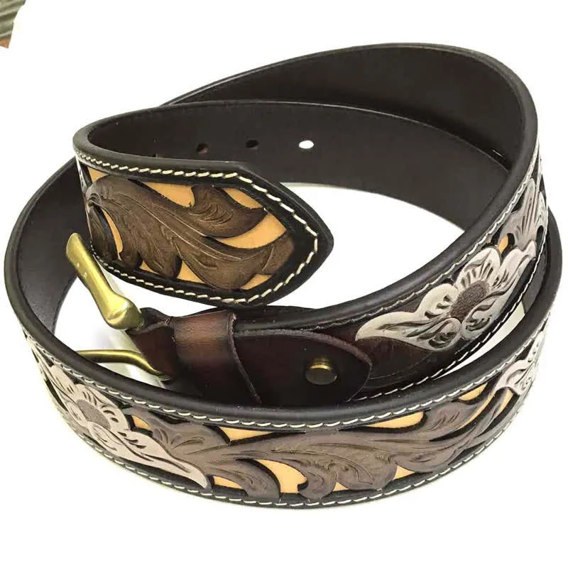 Coffee & White Flower Western Style Carved Leather Belt sold by FloralTrip product image thumbnail 2