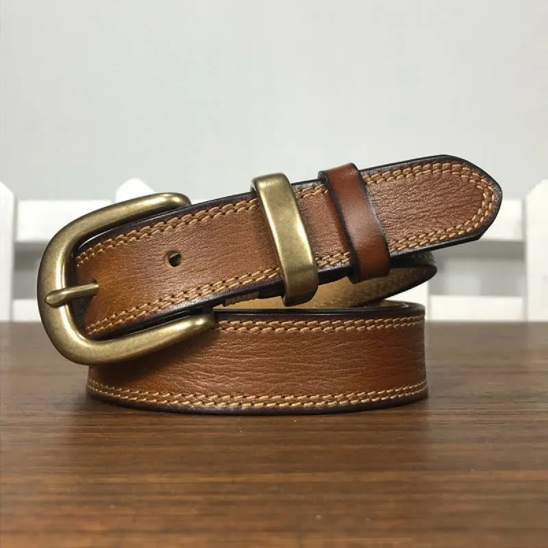 Women's Brass Buckle Double Stitching Narrow Leather Belt sold by FloralTrip