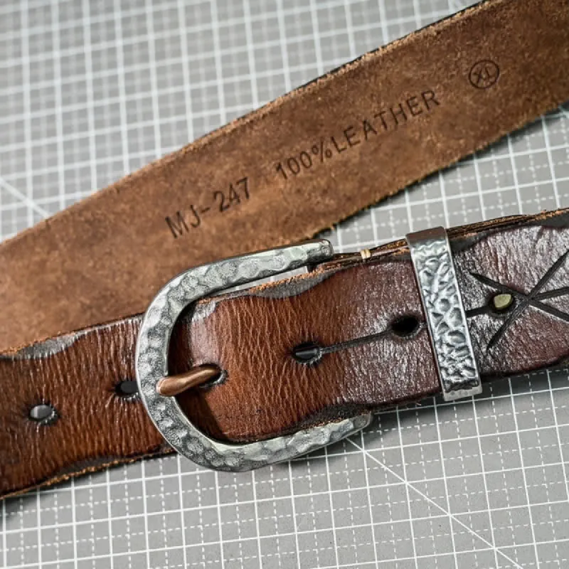 Silver Hammer Buckle Carved Arrow Pattern Leather Belt sold by FloralTrip