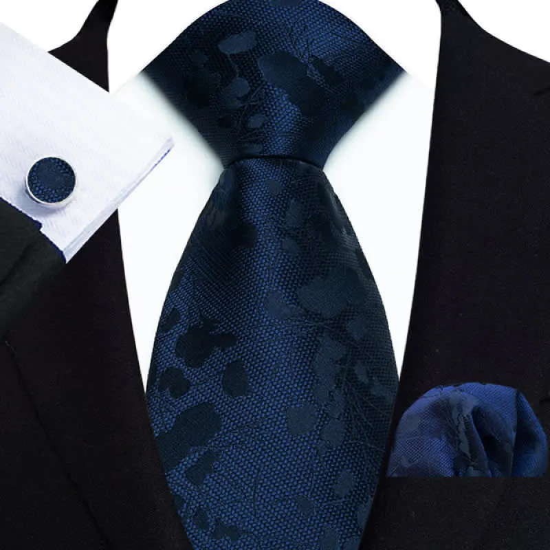 3Pcs Men's Midnight Blue Dark Flower Pattern Necktie Set sold by FloralTrip