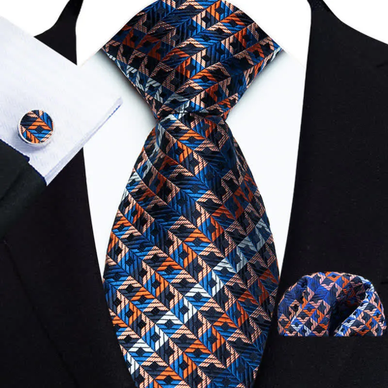3Pcs Men's Blue & Orange Irregular Checked Striped Necktie Set sold by FloralTrip