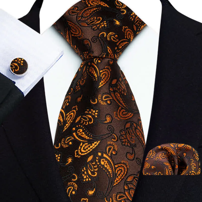 3Pcs Men's Brown Color Subtle Paisley Necktie Set sold by FloralTrip