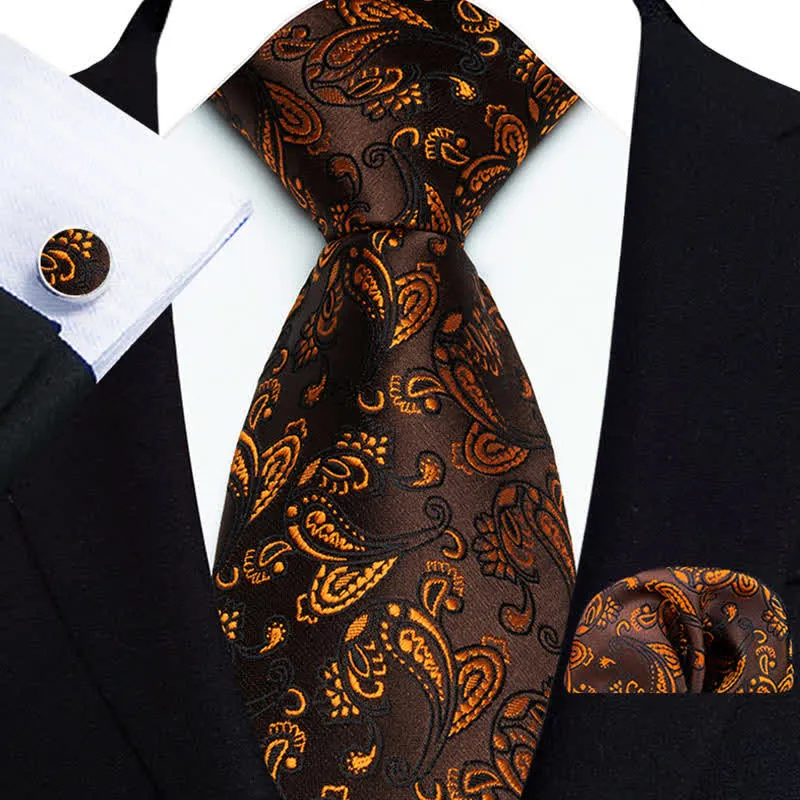 3Pcs Men's Brown Color Subtle Paisley Necktie Set sold by FloralTrip