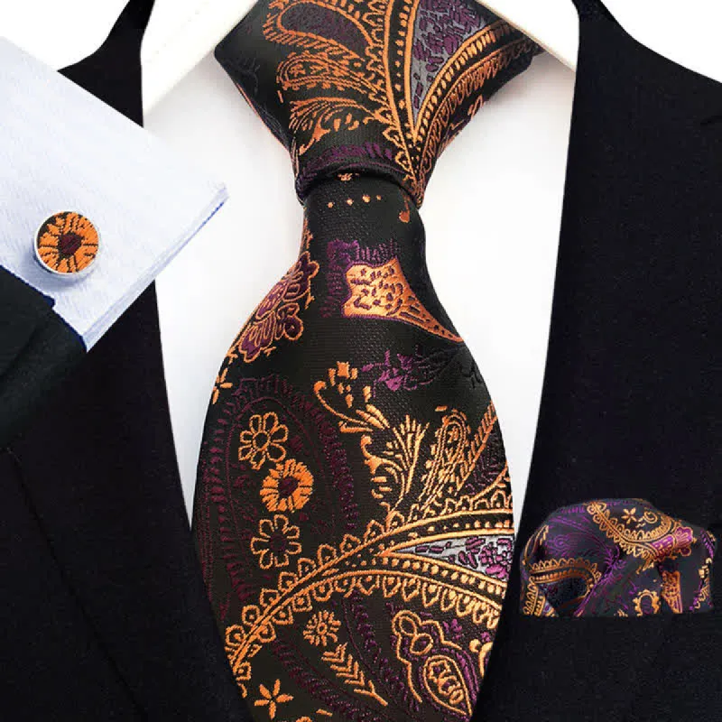 3Pcs Men's Orange Gold & Purple Paisley Flowers Necktie Set sold by FloralTrip