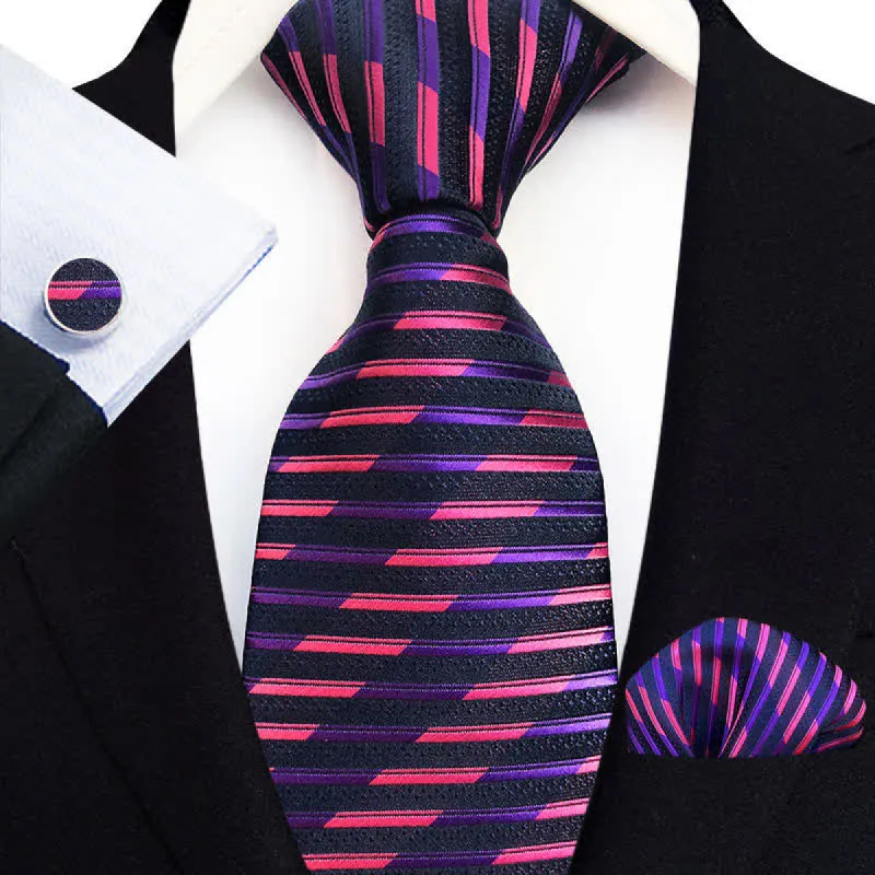 3Pcs Men's Royal Purple & Pink Strips Necktie Set sold by FloralTrip