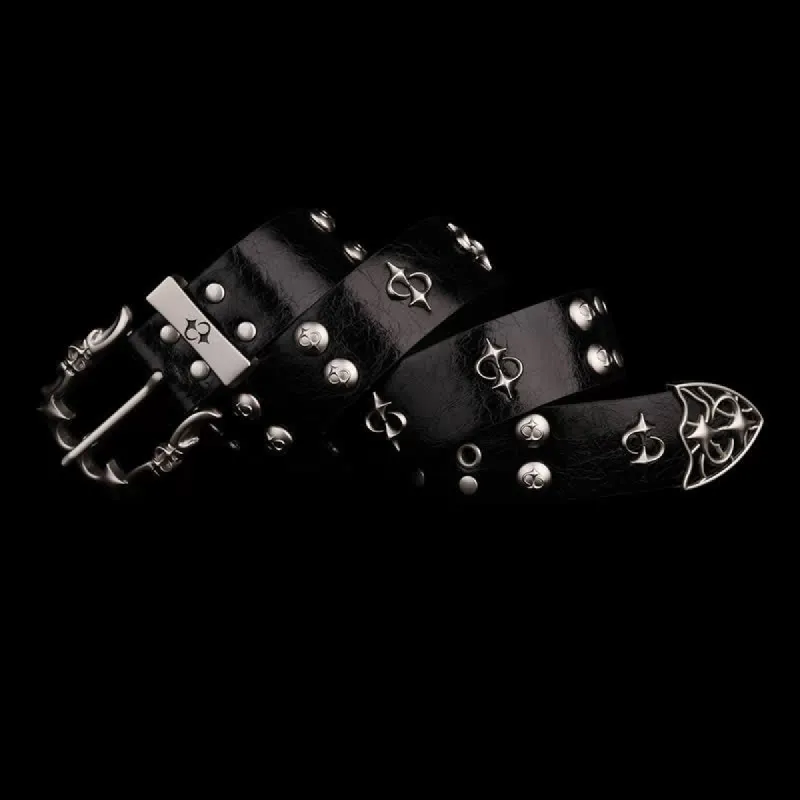 Punk Silver Rivets Design Motorcycle Black Leather Belt sold by FloralTrip