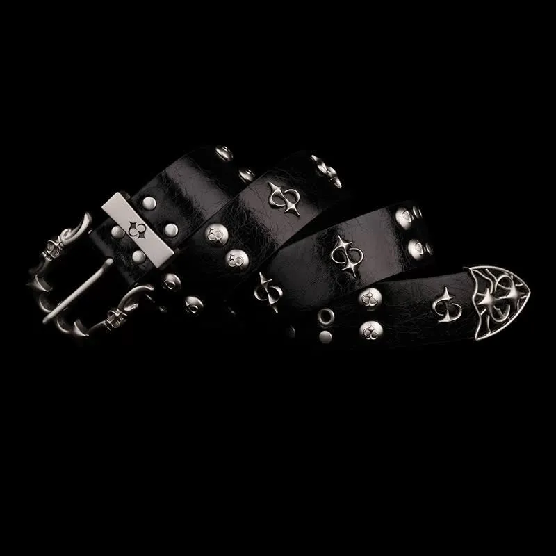 Punk Silver Rivets Design Motorcycle Black Leather Belt sold by FloralTrip