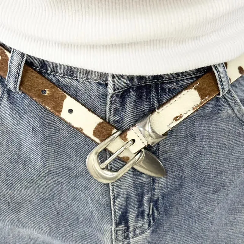 Faux Fur Cow Print Classic Silver Buckle Leather Belt sold by FloralTrip
