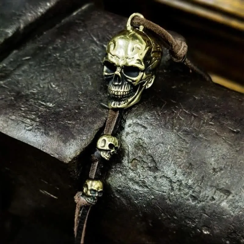Motorcycle Accessory Brass Skull Head Leather Keychain sold by FloralTrip product image thumbnail 2