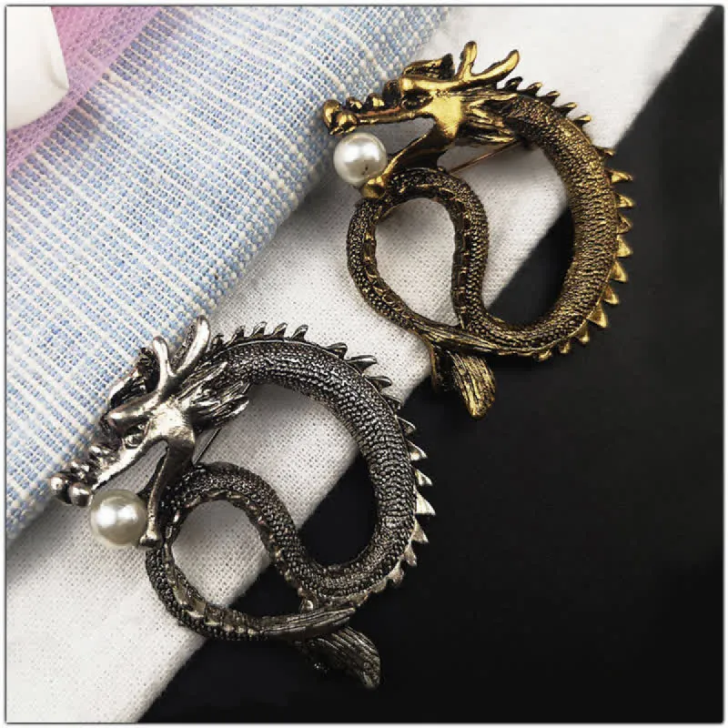 Men's Antique Tone Dragon Imitation Pearl Brooch sold by FloralTrip