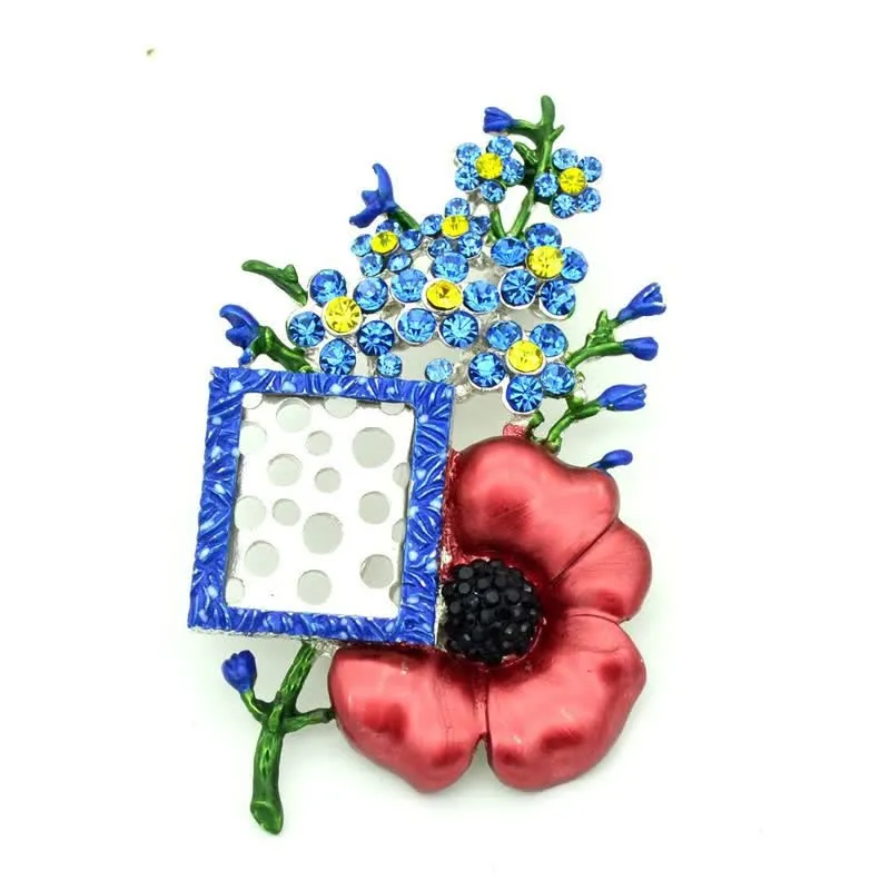 Poppy Rhinestone Flower Brooch with Picture Frame sold by FloralTrip