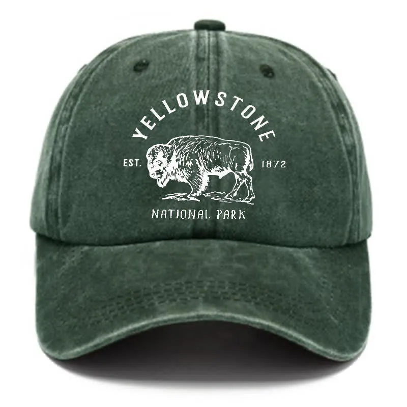 Yellowstone National Park Buffalo Washed Cotton Baseball Cap sold by FloralTrip