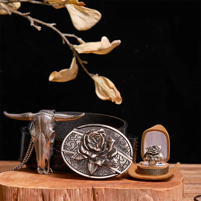 DIY Rose Hidden Knife Belt Buckle Bull Pendant Skull & Rose Ring Bundle Set sold by FloralTrip