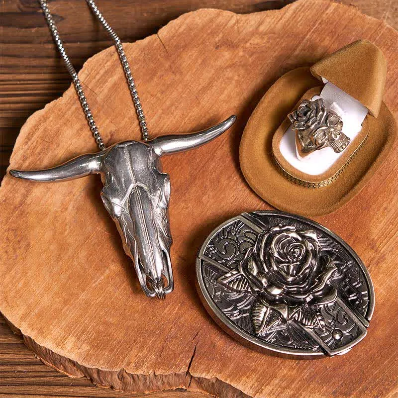DIY Rose Hidden Knife Belt Buckle Bull Pendant Skull & Rose Ring Bundle Set sold by FloralTrip product image thumbnail 2