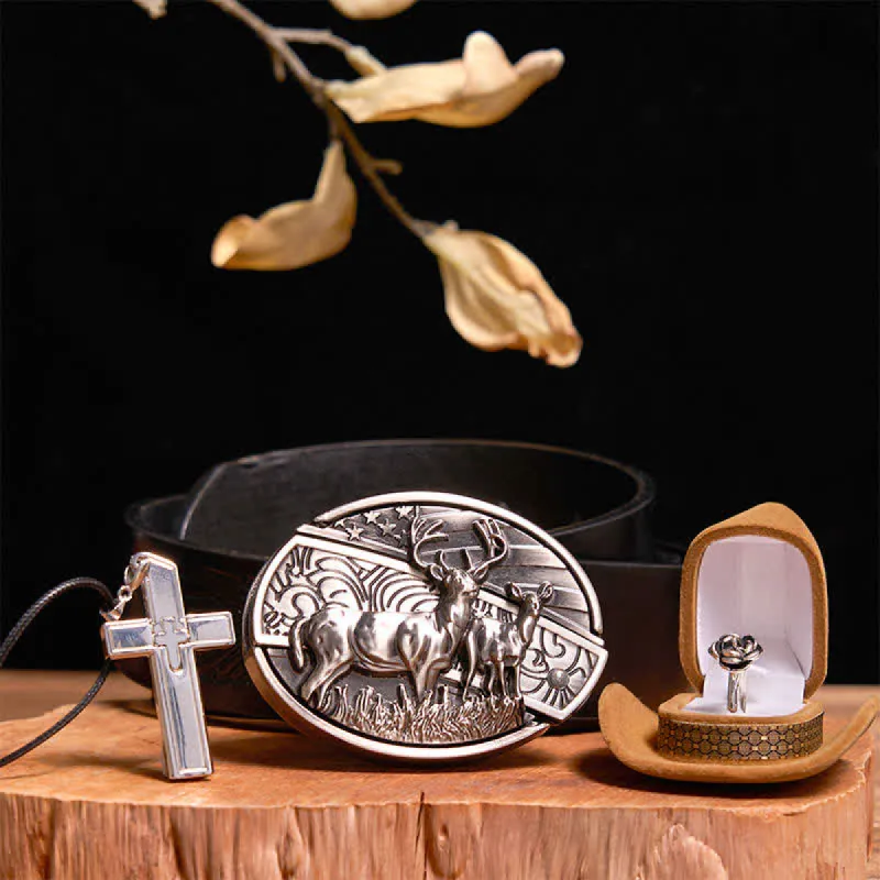 Creative DIY Deer Hidden Knife Belt Buckle Cross Necklace Rose Ring Bundle Set sold by FloralTrip