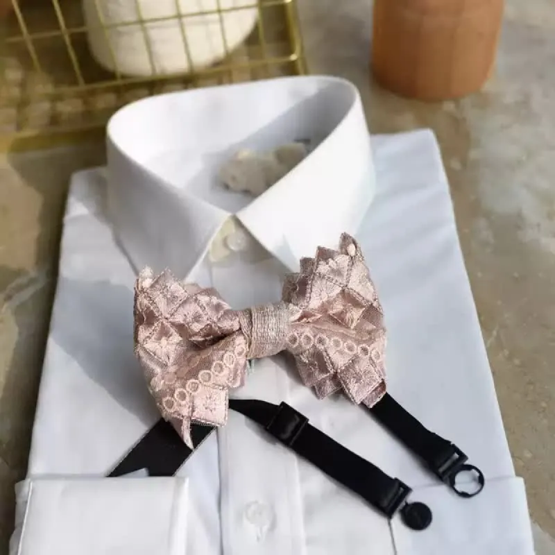 Men's Exquisite Lace Gray Pink Oversized Pointed Bow Tie sold by FloralTrip