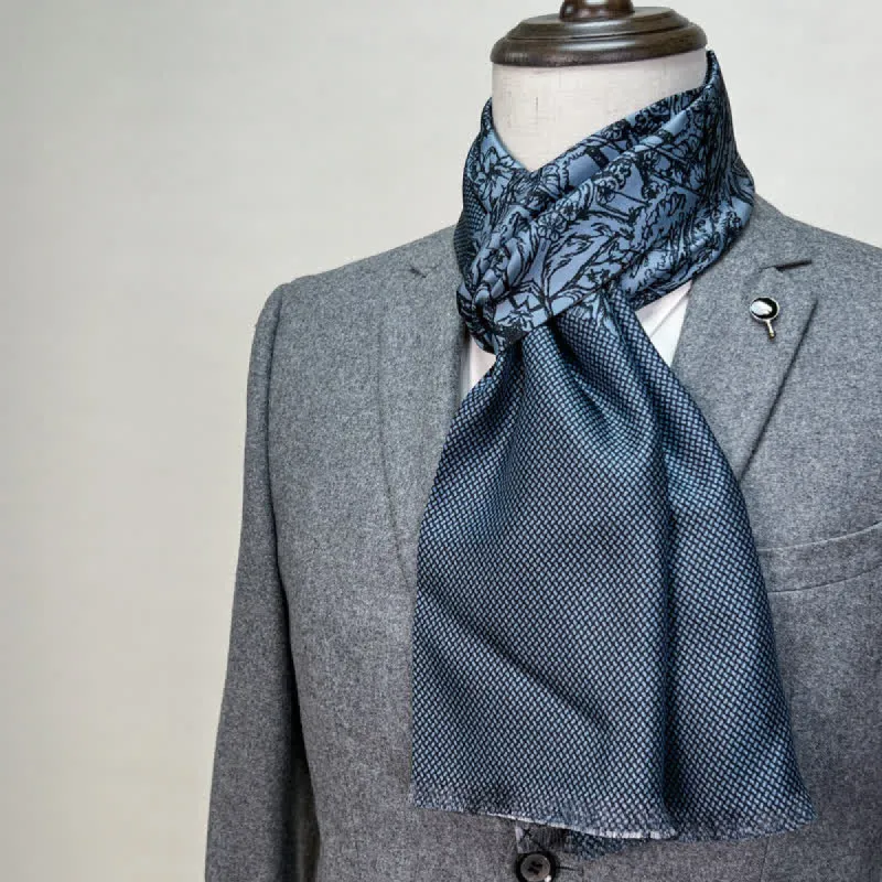 Men's Floral & Grid Double Sided Pattern Thin Long Pure Silk Scarf sold by FloralTrip