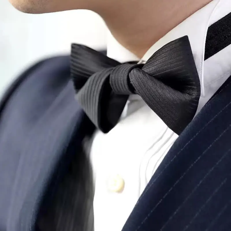 Men's Black Subtle Twilled Navy Striped Business Bow Tie sold by FloralTrip