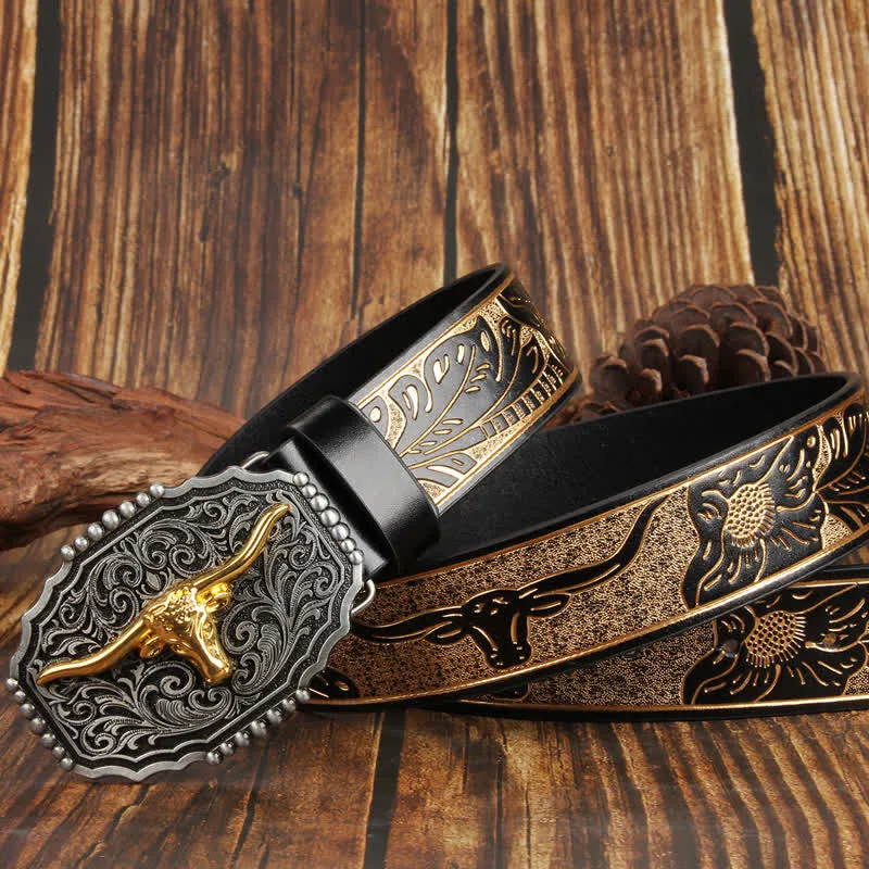 Weatern Gold Longhorn Bull Head Colorful Leather Belt sold by FloralTrip product image thumbnail 3