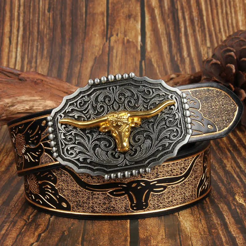 Weatern Gold Longhorn Bull Head Colorful Leather Belt sold by FloralTrip product image thumbnail 2