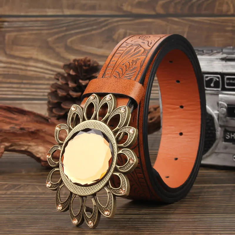 Crystal Burst Sunflower Buckle Leather Belt sold by FloralTrip