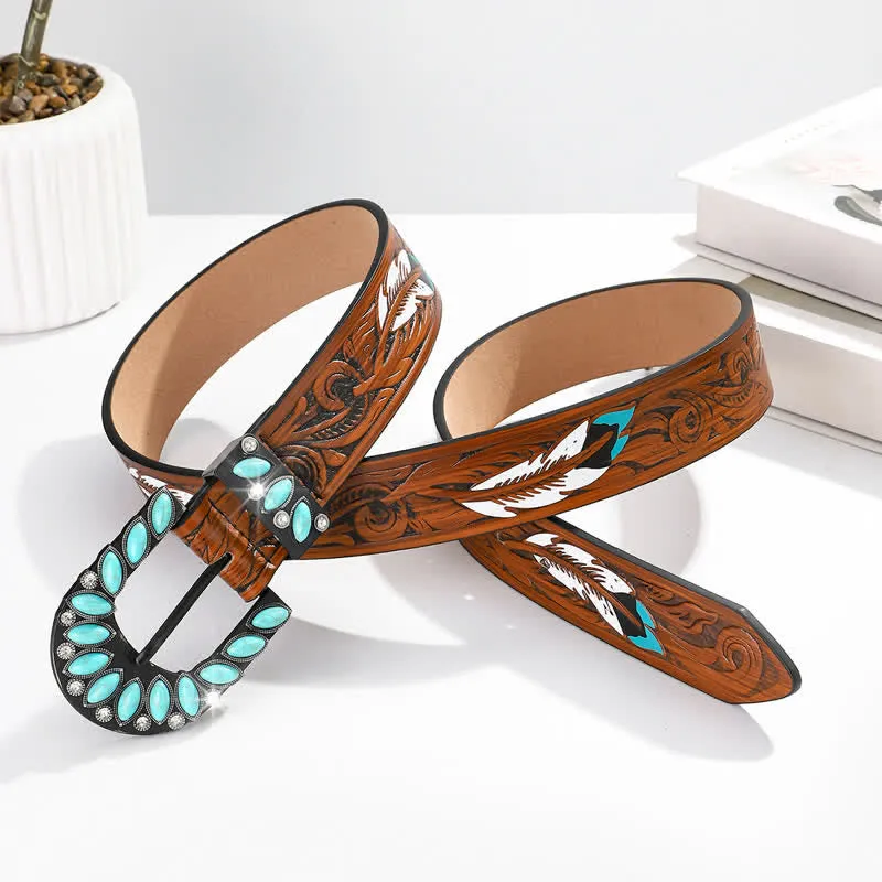 Boho Chic Vintage Feather Print Turquoise Buckle Leather Belt sold by FloralTrip product image thumbnail 2