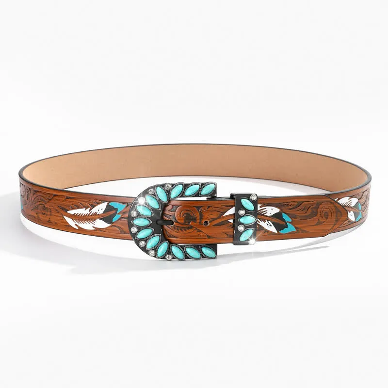 Boho Chic Vintage Feather Print Turquoise Buckle Leather Belt sold by FloralTrip product image thumbnail 3
