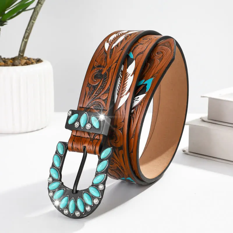 Boho Chic Vintage Feather Print Turquoise Buckle Leather Belt sold by FloralTrip