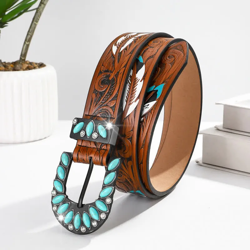 Boho Chic Vintage Feather Print Turquoise Buckle Leather Belt sold by FloralTrip