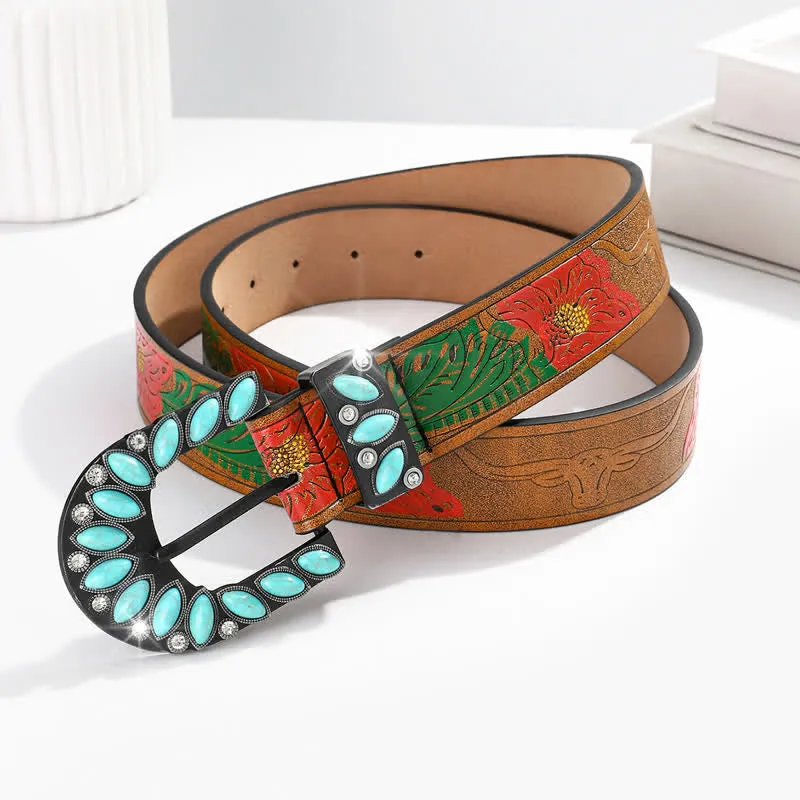 Boho Chic Vintage Feather Print Turquoise Buckle Leather Belt sold by FloralTrip product image thumbnail 5