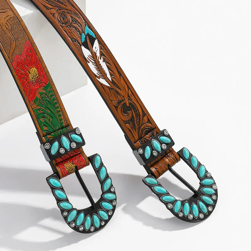 Boho Chic Vintage Feather Print Turquoise Buckle Leather Belt sold by FloralTrip product image thumbnail 4