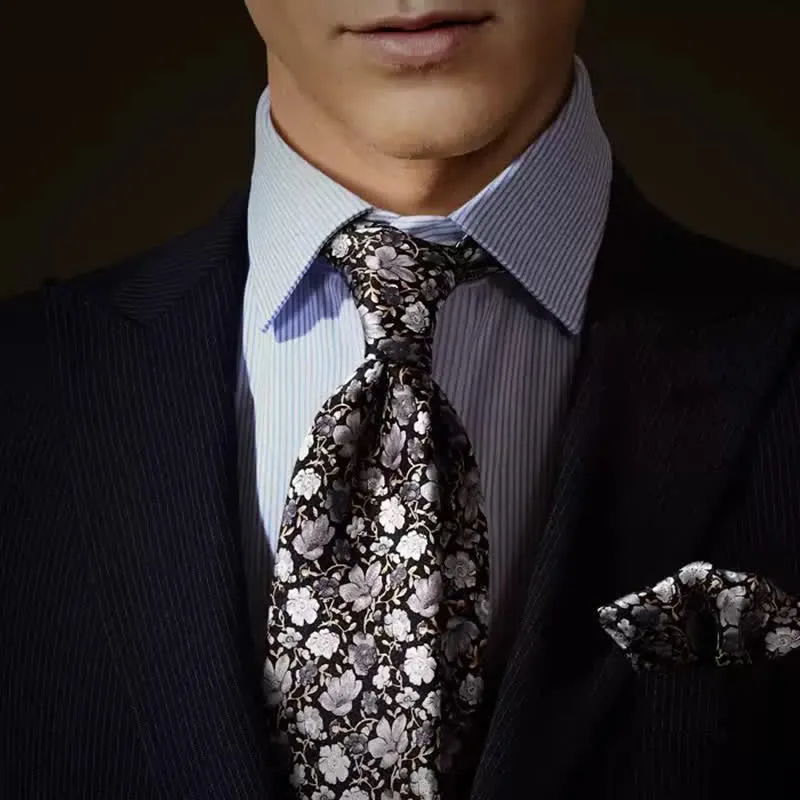 Men's Black & Gray Liitle Floral Pure Silk Necktie sold by FloralTrip product image thumbnail 2
