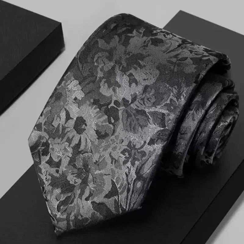 Men's Dark Gray & Black Floral Pure Silk Necktie sold by FloralTrip