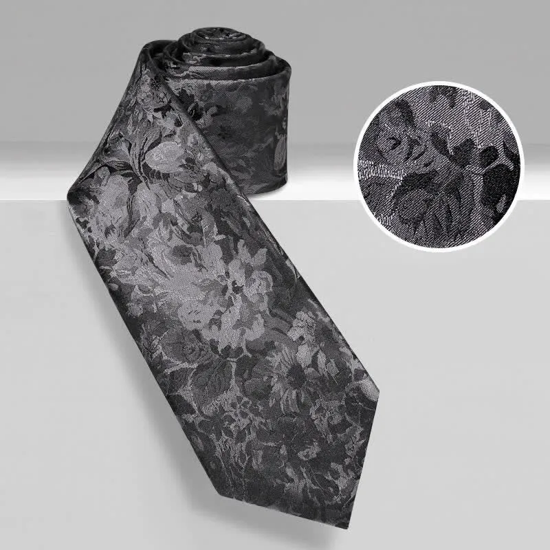 Men's Dark Gray & Black Floral Pure Silk Necktie sold by FloralTrip product image thumbnail 2